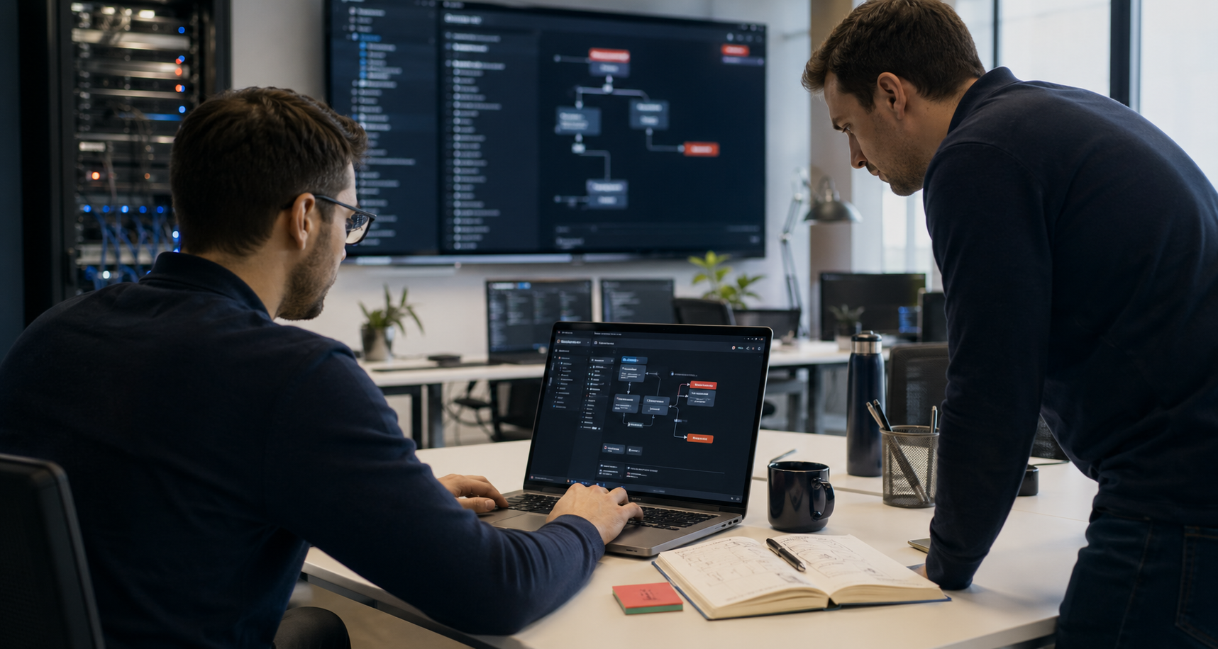 Technology implementation team configuring an automation workflow in a modern workspace.