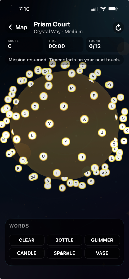 Orbital Word Search globe puzzle screenshot.