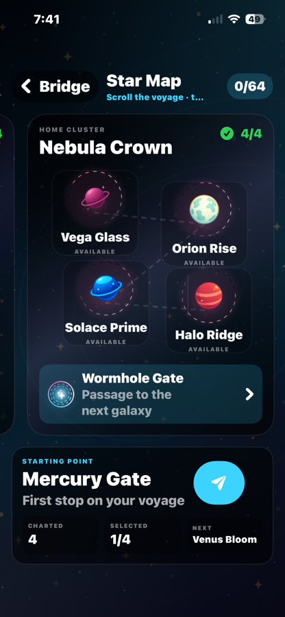 Orbital Word Search star map screenshot.