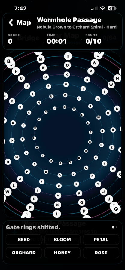 Orbital Word Search wormhole puzzle screenshot.